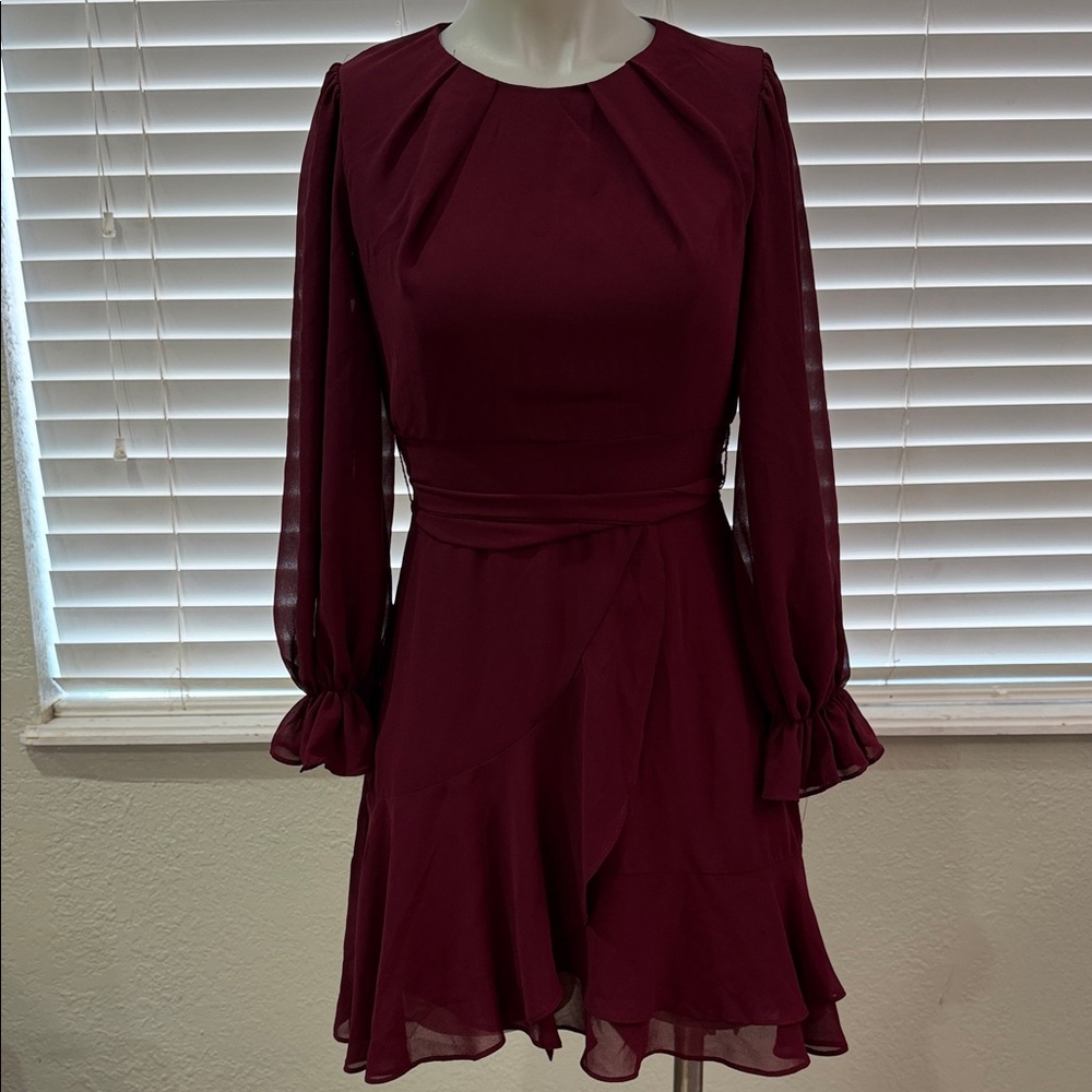 B.Darlin Elegant Burgundy Long Sleeve Dress